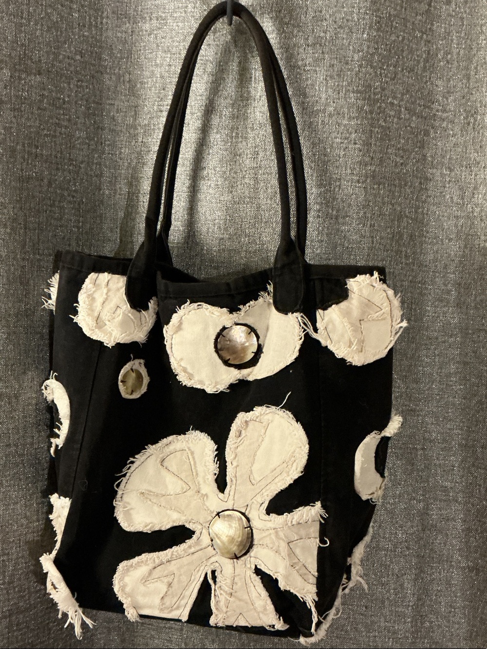 Black Canvas Tote with Cream Floral Appliqué